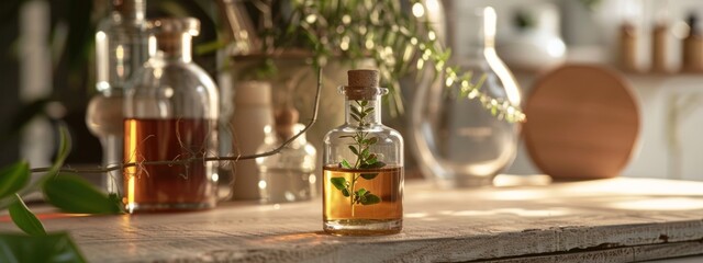 Obraz premium Elegant glass bottles with herbs on a sunlit wooden table