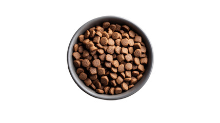 Dog food kibble in a bowl from top view.