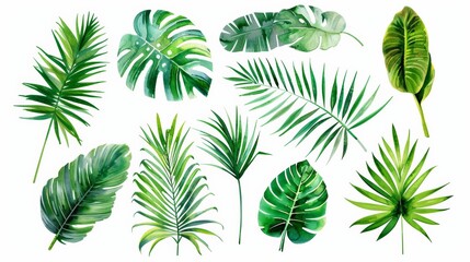 Set of tropical palm leaves. Exotic plants. Palm leaves on isolated white background. Watercolor botanical illustration.