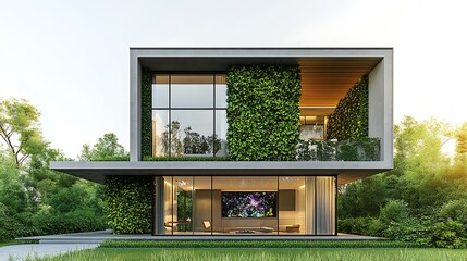 Fototapeta premium Modern house with green wall and large windows.
