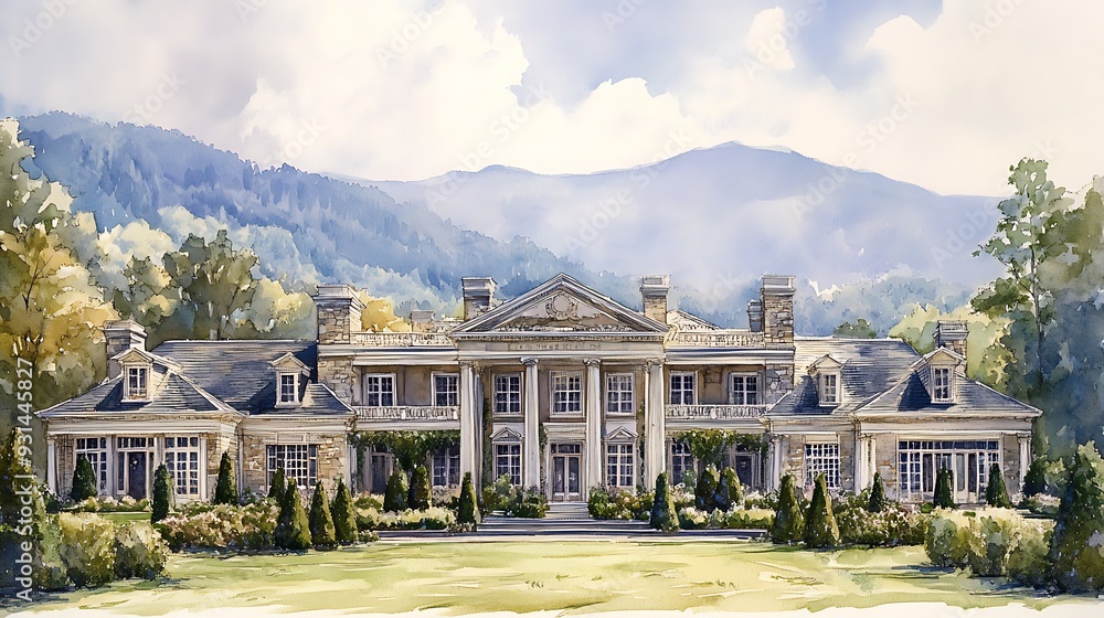 Sticker Watercolor Painting of a Grand Mansion with Mountain Views.