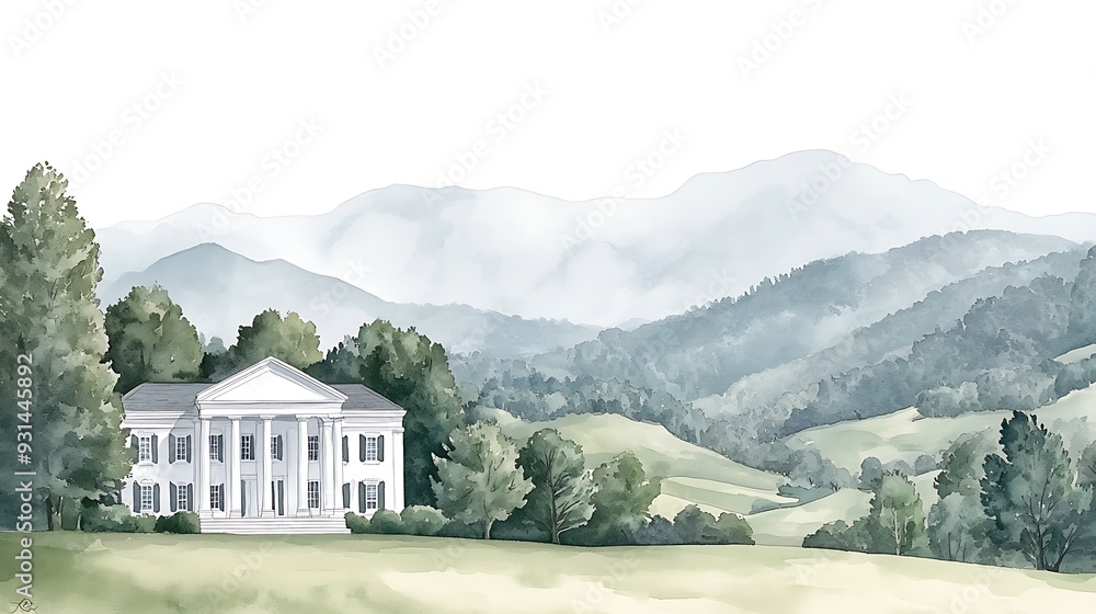 Wall mural Watercolor Painting of a White House with Mountain View.