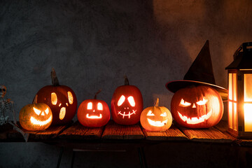 halloween background with jack'o'lanterns in the night