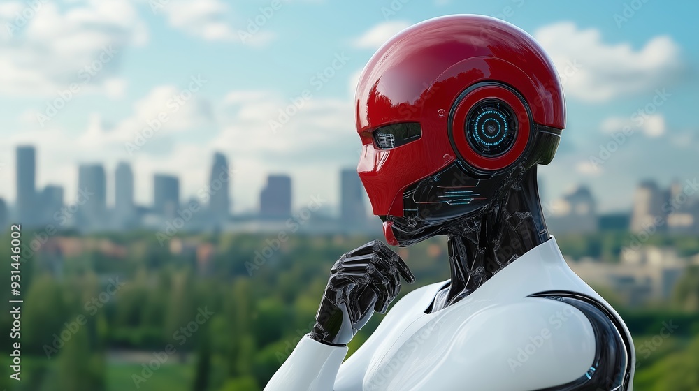 Aufkleber a robot with a red helmet and white face is standing in front of a city. the robot is looking up at 