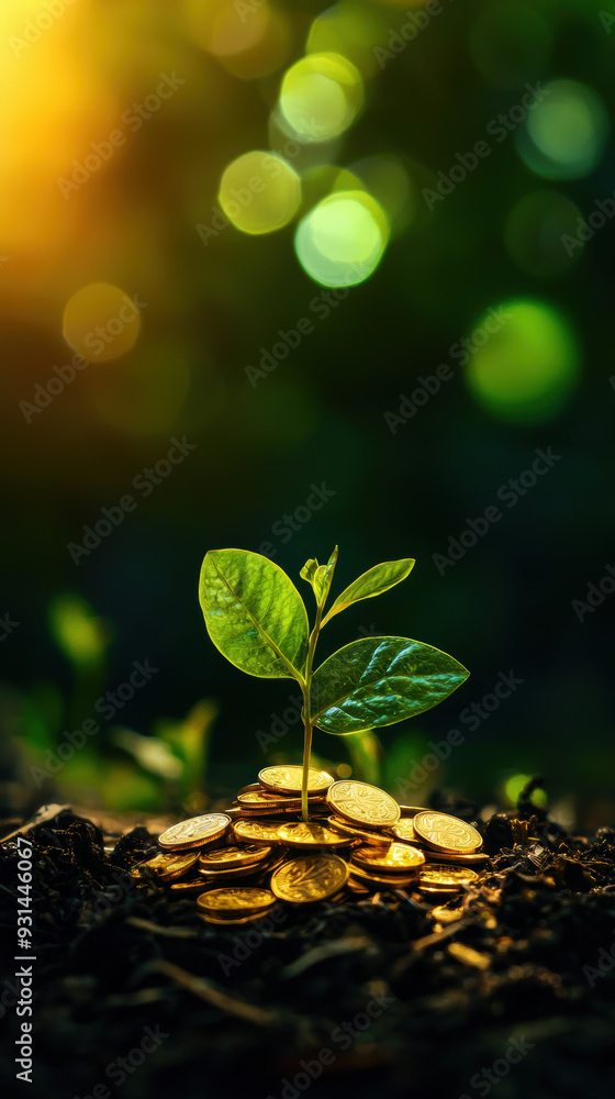 Wall mural young plant growing from a pile of golden coins, symbolizing financial growth, investment, and susta