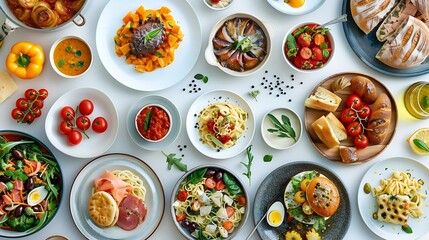Top view of food assortment Luxury buffet flat lay Selection of plates and dishes on white background : Generative AI