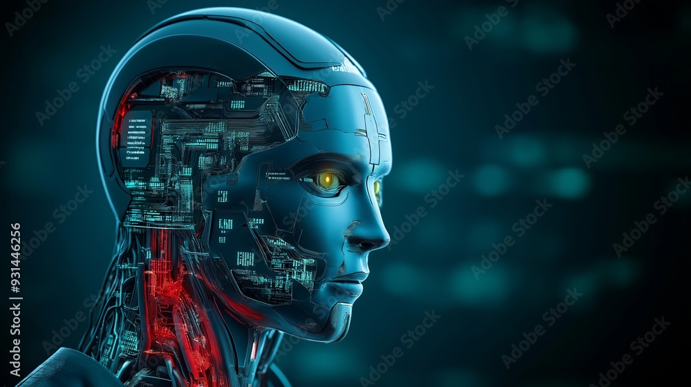 Poster a robot with a face made of electronic components. the robot has a red head and yellow eyes