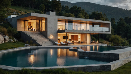 Large house exterior view with water pool