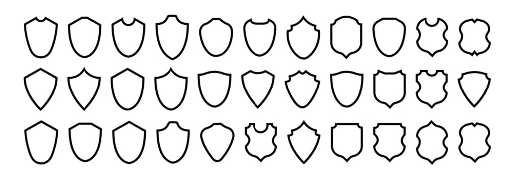 Shield frame set. Collection shield signs. Empty outline icons. Vector
