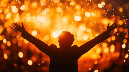 Close-up of a human with arms stretched upwards, fireworks creating a cascade of light, illuminated face showing happiness, warm and glowing light from the fireworks, joyful and festive mood, sharp