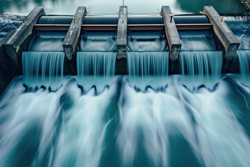 Fototapeta premium Generative ai on theme of hydroelectric power energy plant with large turbines and water spills