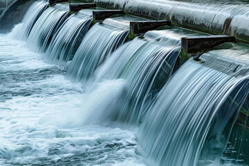 Generative ai on theme of hydroelectric power energy plant with large turbines and water spills