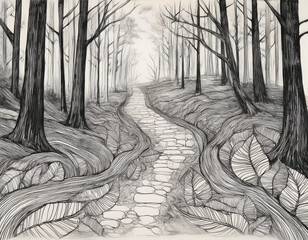 Fototapeta premium Abstract Path Through the Woods Focus on Leaf and Bark Textures in an Artistic, Nature-Inspired Design