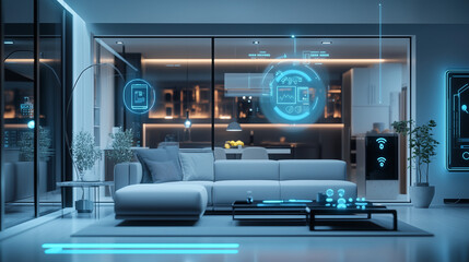 AI-driven smart home adjusting settings based on biometric data, featuring advanced sensors, intelligent systems, and real-time analytics to personalize lighting, temperature, and security, enhancing 