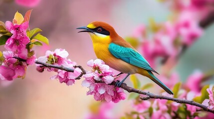 Fototapeta premium Colorful bird perched on a branch with pink blossoms.