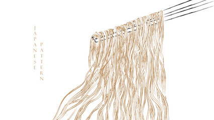 Noodles brush stroke banner with brown and yellow ramen pattern on black background in vintage style. Food abstract art illstration. Hand drawn line in Japanese syle