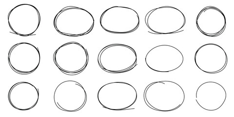 Set of sketches of drawn circular line. A set of ellipse doodles. Sketch ovals, bubbles to circle and highlight text. Pencil or pen graffiti bubble or balloon