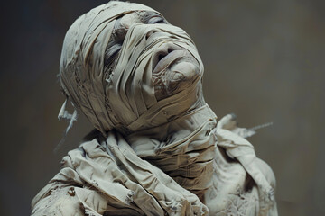 Scary sinister mummy wandering in street with dramatic lighting on celebration holiday Halloween