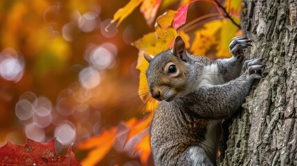 Obraz premium A grey squirrel climbing a tree in an autumn forest, with a close-up view of its face and paws.