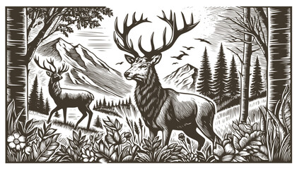 Vector illustration of a deer in the forest in style of woodcut engraving