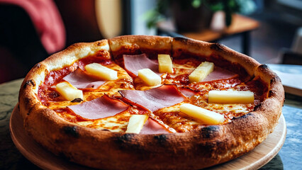 Delicious Chicago-style deep-dish Hawaiian pizza topped with ham, sliced pineapple, and melted cheese. Perfect for food lovers and culinary visuals. 