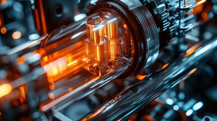 A close-up view of a metallic cylinder with glowing orange light inside, evoking a futuristic and technological aesthetic.