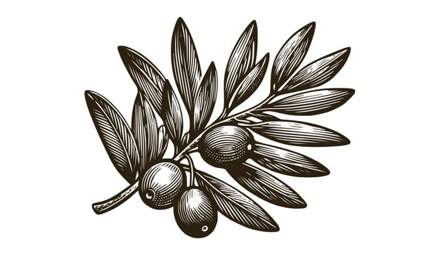 recommend clip art: Vector drawing of an olive branch with olives in style of woodcut engraving