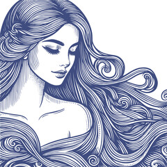 Vector drawing of a woman head with a long hair in style of woodcut engraving
