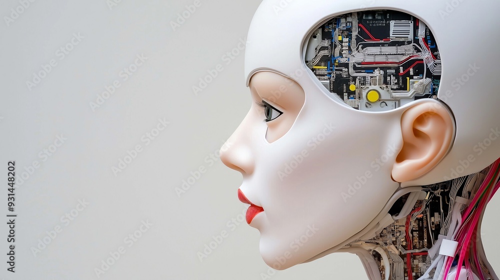 Aufkleber a robot head with a brain inside of it. the robot head is made of metal and has a red and pink color