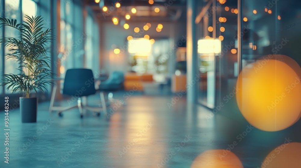 Poster defocused image of an open office with bokeh lights