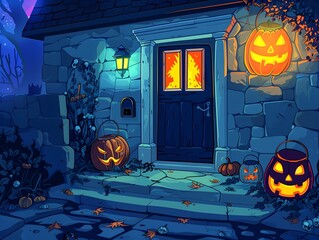 Cozy Haunted House with Glowing Pumpkins and Autumn Leaves on a Spooky Halloween Night