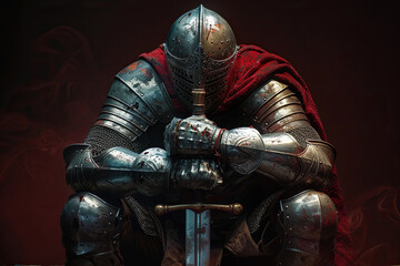 A fantastic royal knight in armor guards the castle chambers