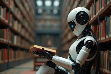Fototapeta premium A robot reading a book in a library. Generative AI