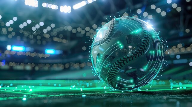 A stylized rendering of a baseball with glowing lines, illuminated against a dark background with out-of-focus stadium lights. Generative AI - Powered by Adobe