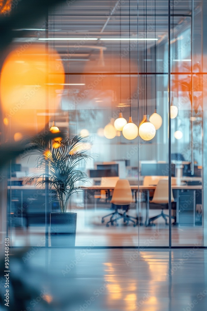 Poster defocused image of an open office with bokeh lights