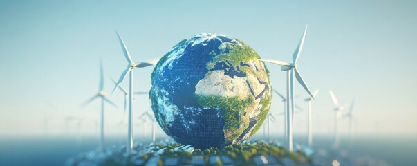Naklejka premium A vibrant globe surrounded by wind turbines, symbolizing renewable energy and a sustainable future for our planet.