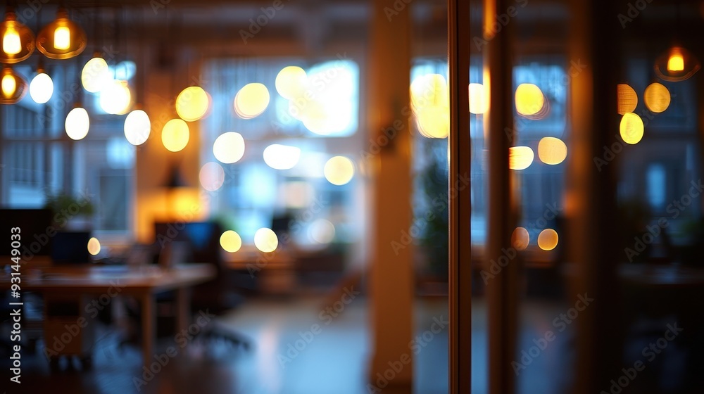 Poster defocused image of an open office with bokeh lights