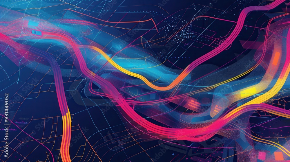 Poster dynamic abstract lines and routes overlay a stylized map, symbolizing connectivity and direction for