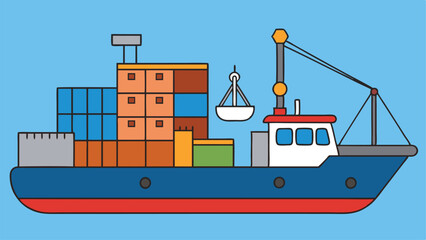 Flat cargo ship in docks. Harbor crane of shipping port loading containers to marine ocean freight vessel boat, worldwide marine industry water transport truck in sea port vector illustration	