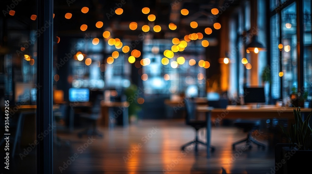 Poster defocused image of an open office with bokeh lights