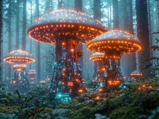Futuristic Illuminated Mushrooms in a Misty Forest Setting