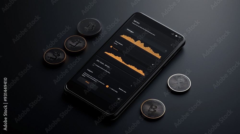 Poster digital wallet interface with a dark mode theme, emphasizing stylish and modern design, wallet dark 