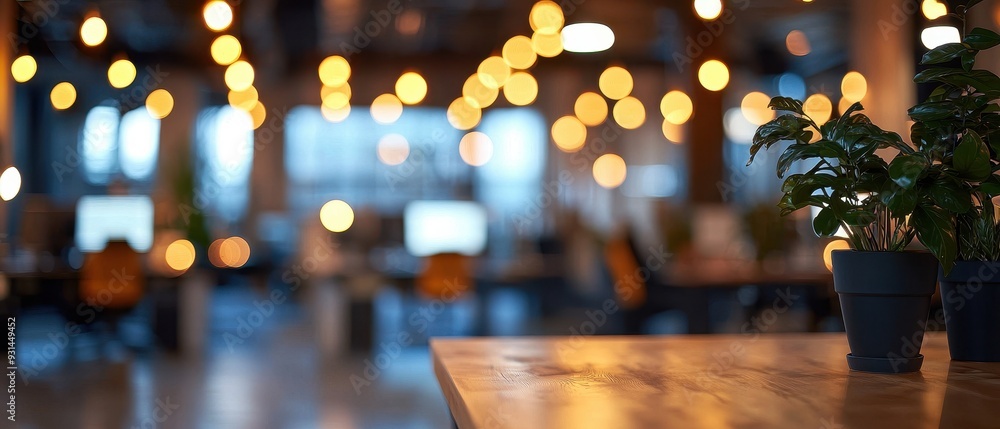 Poster defocused image of an open office with bokeh lights