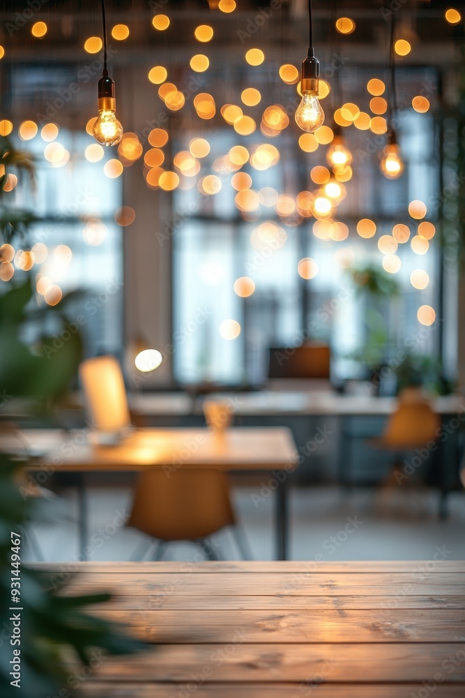 Poster defocused image of an open office with bokeh lights