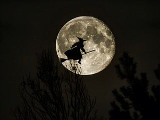 Silhouette of a witch flying on her broomstick across a full moon in a dark night sky with trees in the foreground.