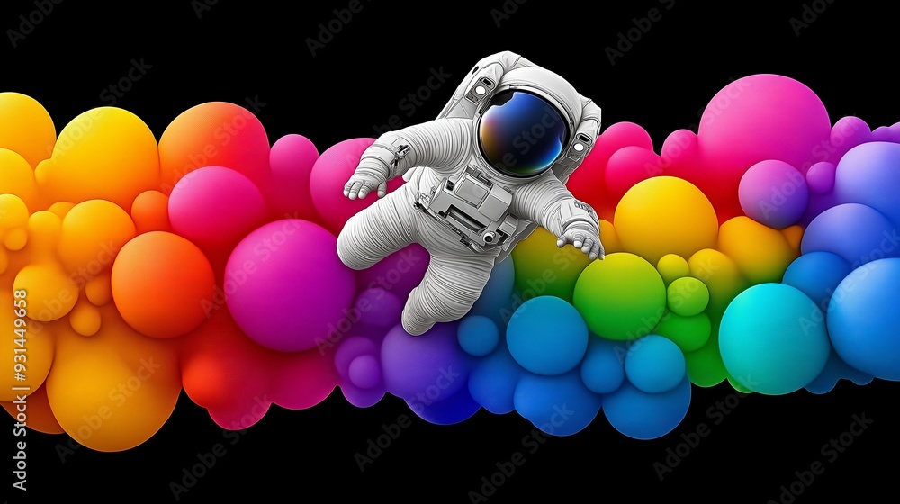 Wall mural a colorful, abstract image of a man in a spacesuit floating above a line of colorful spheres