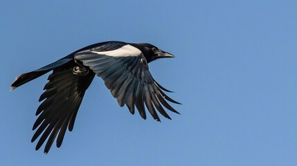 Obraz premium Magpie in flight its black and white feathers contrasting against a clear blue sky