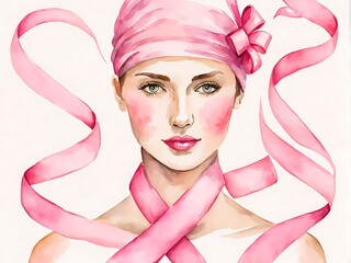 watercolor illustration women cancer awareness month wearing pink ribbons