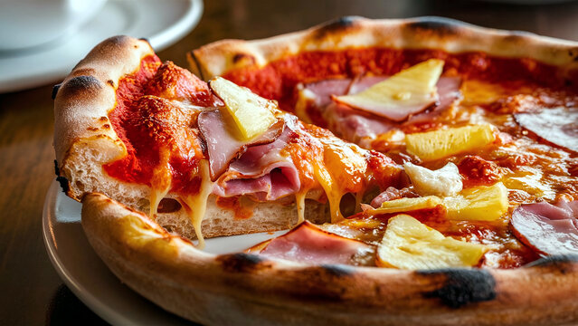 Delicious Chicago-style deep-dish Hawaiian pizza topped with ham, sliced pineapple, and melted cheese. Perfect for food lovers and culinary visuals. 