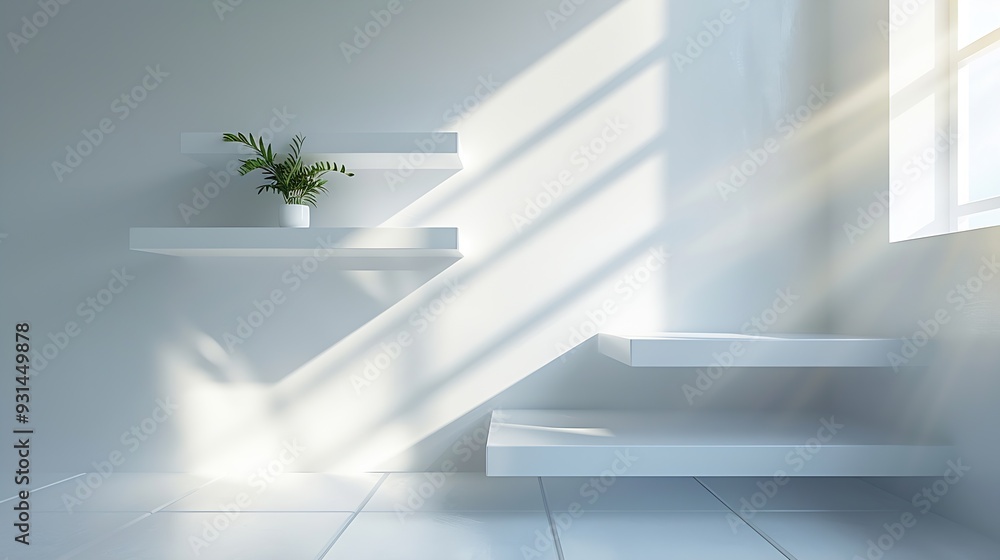 Poster modern minimalistic cozy white home interior background white wall with shelves and design wall and 